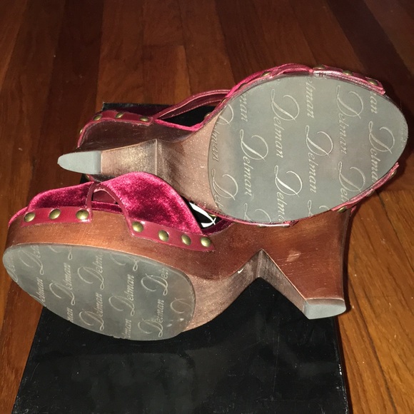 wine velvet Delman strappy wood platform heels sz6 - Picture 3 of 7